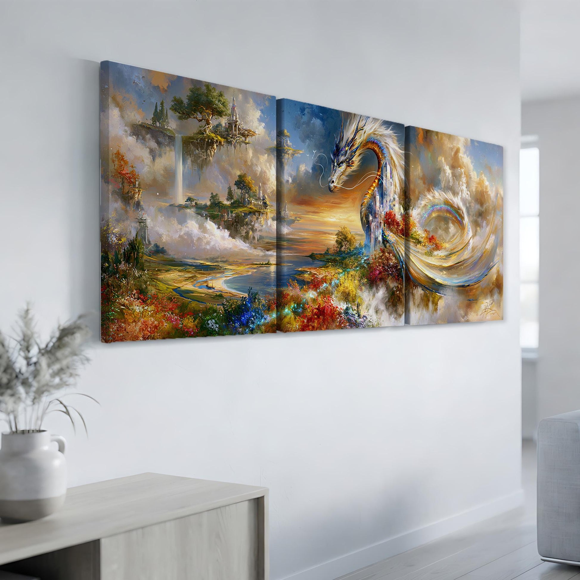 a large, colorful painting of a dragon-like creature against a backdrop of a fantastical landscape with floating islands, clouds, and a sunset sky.