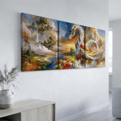 a large, colorful painting of a dragon-like creature against a backdrop of a fantastical landscape with floating islands, clouds, and a sunset sky.