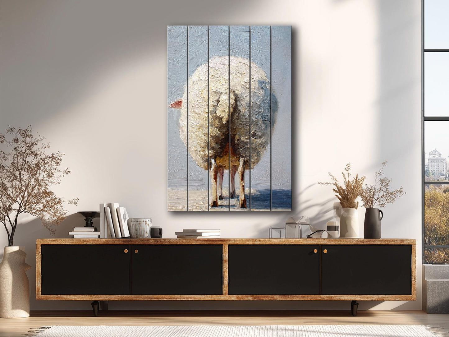 Funny Farmhouse Wall Art – Sheep Butt Print on Natural Wood Panel Decor