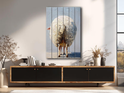 Funny Farmhouse Wall Art – Sheep Butt Print on Natural Wood Panel Decor