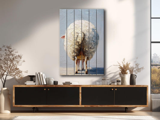 Funny Farmhouse Wall Art – Sheep Butt Print on Natural Wood Panel Decor