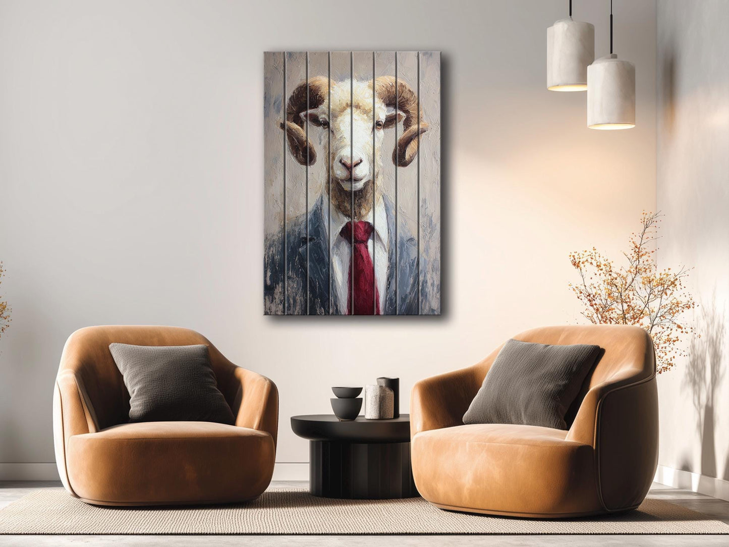Ram Tie Wood Print – Rustic Animal Wall Art on Natural Wood Panel Decor