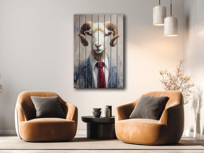 Ram Tie Wood Print – Rustic Animal Wall Art on Natural Wood Panel Decor
