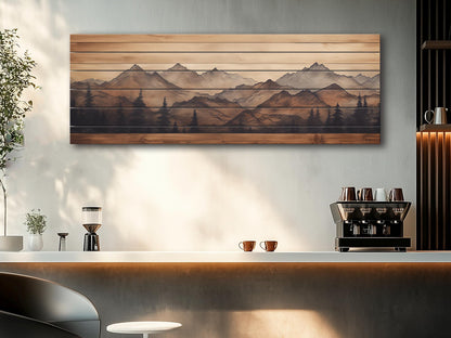 Rustic Wood Wall Art – Panoramic Mountain Art Print on Natural Wood Planks