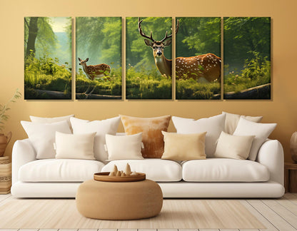 Deer Family Wall Art – Mother Deer with Fawn Forest Canvas Print, Framed & Ready to Hang
