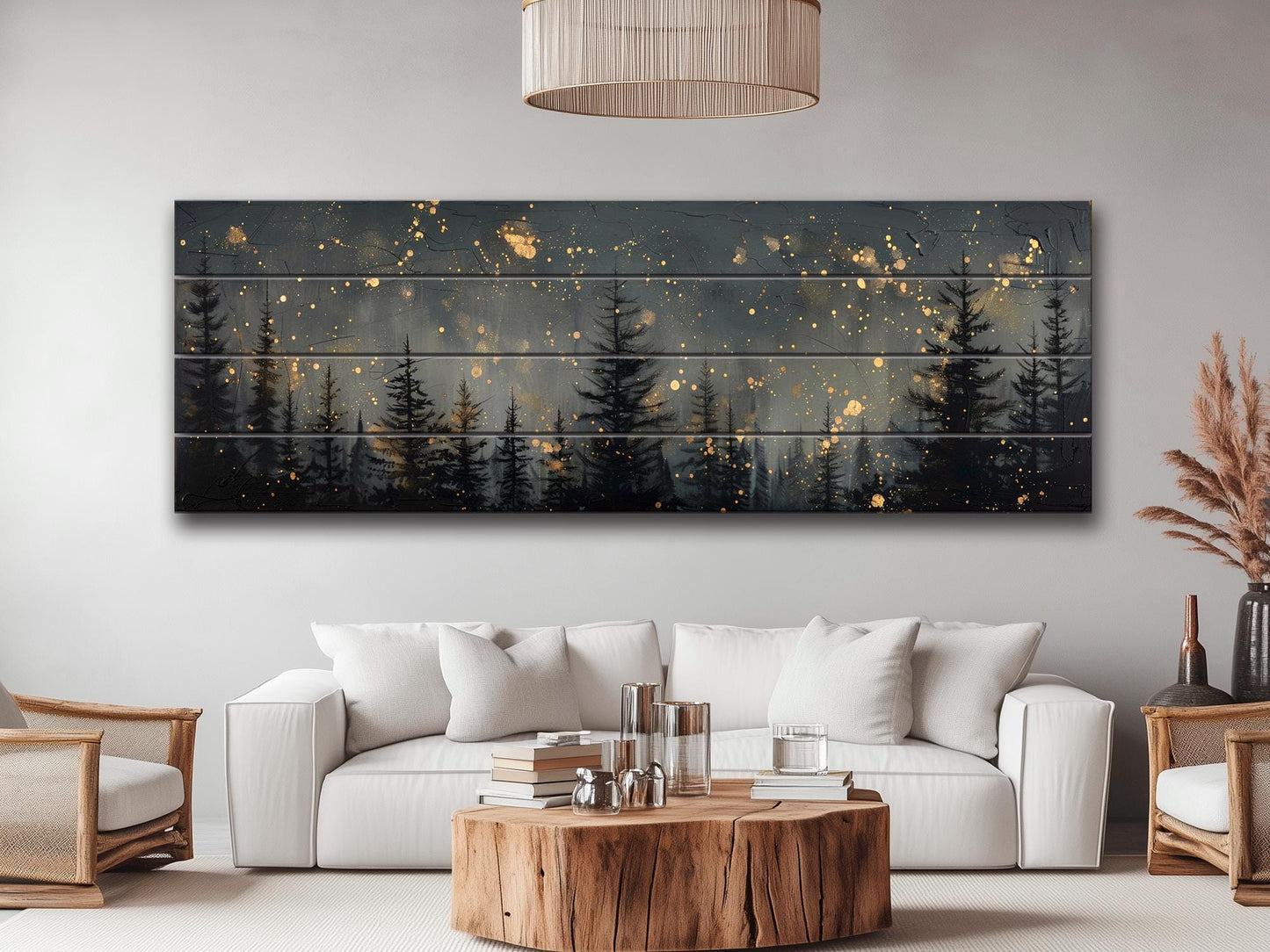 Wood Wall Art - Pine Forest Print | Starry Sky Painting on Wood Plank Art