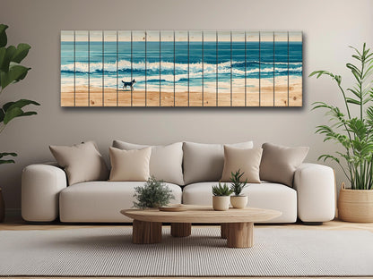 Coastal Beach Wall Art – Running Dog Print on Rustic Wood for Beach House Decor