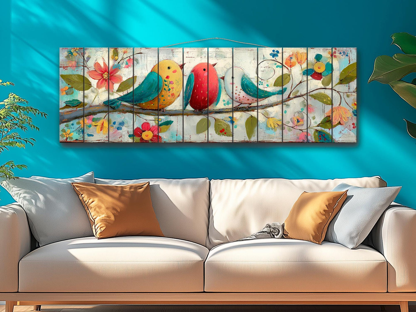 Wood Wall Art - Trio of Birds Print on Natural Wood Plank | Rustic Folk Art Decor