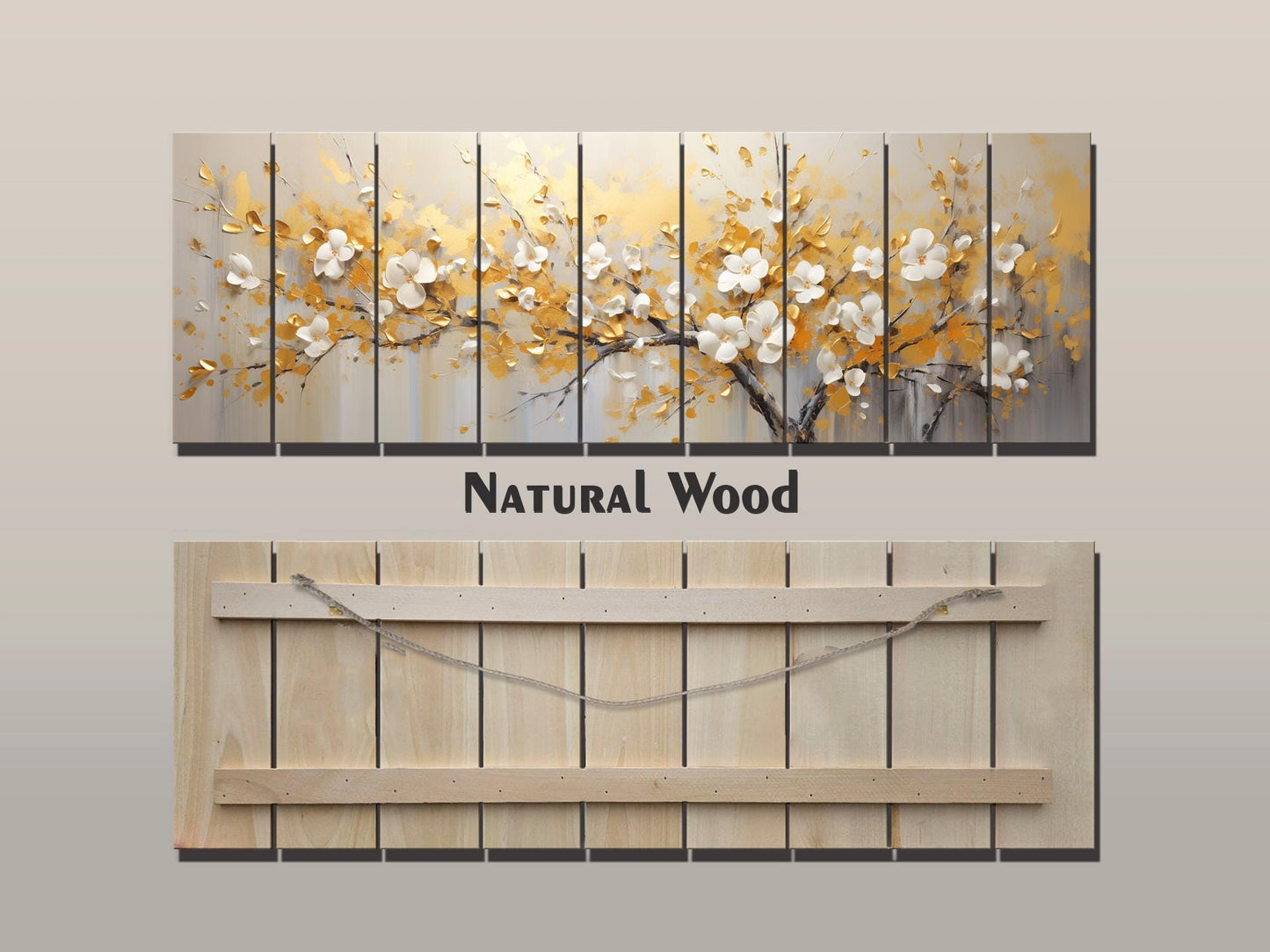 Abstract Gold and White Blossom Tree Print On Natural Wood