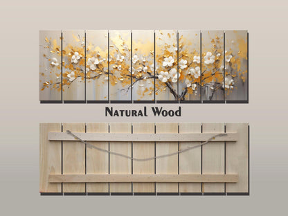 Abstract Gold and White Blossom Tree Print On Natural Wood