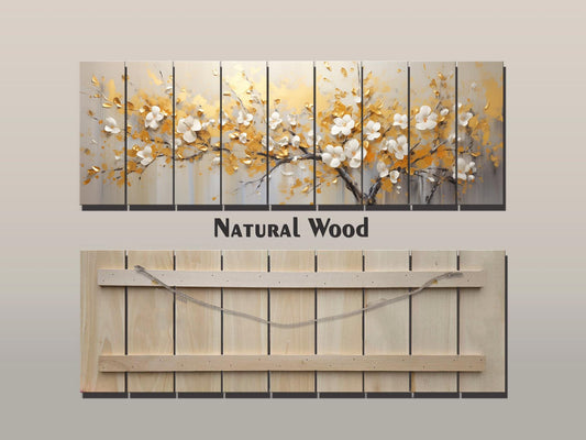Abstract Gold and White Blossom Tree Print On Natural Wood