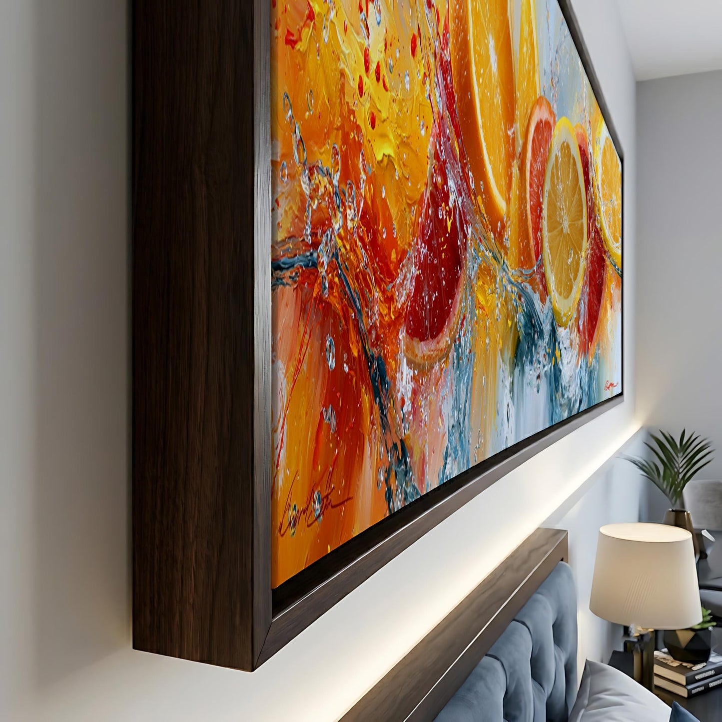 a large, vibrant painting of oranges and water splashing on a wall.