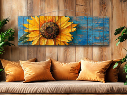 Rustic Wood Wall Art - Large Sunflower Wooden Floral Print | Cozy Farmhouse Decor