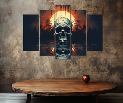 Gothic Wall Art – Skull Canvas Print with Full Moon | Vintage Gothic Painting, Ready to Hang