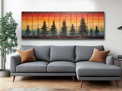Wooden Forest Wall Art – Colorful Sunset Pine Tree Print on Natural Wood Planks