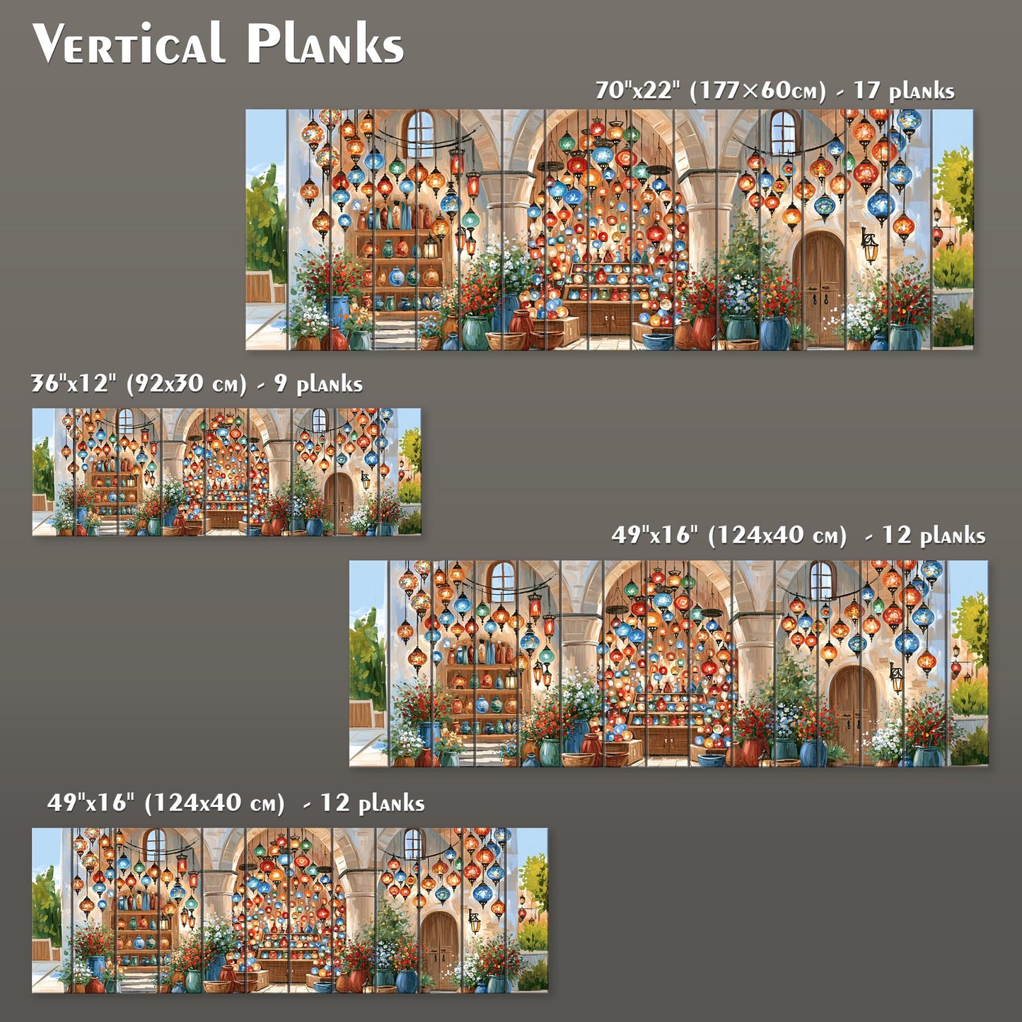 The image is a collage of four images depicting a decorative arrangement of colorful lanterns and plants. The images vary in size, with the largest one being 17 planks and the smallest one being 12 planks. The images are arranged in a grid format, with each row representing a different size of the image. The text "Vertical Planks" is displayed at the top of the image.