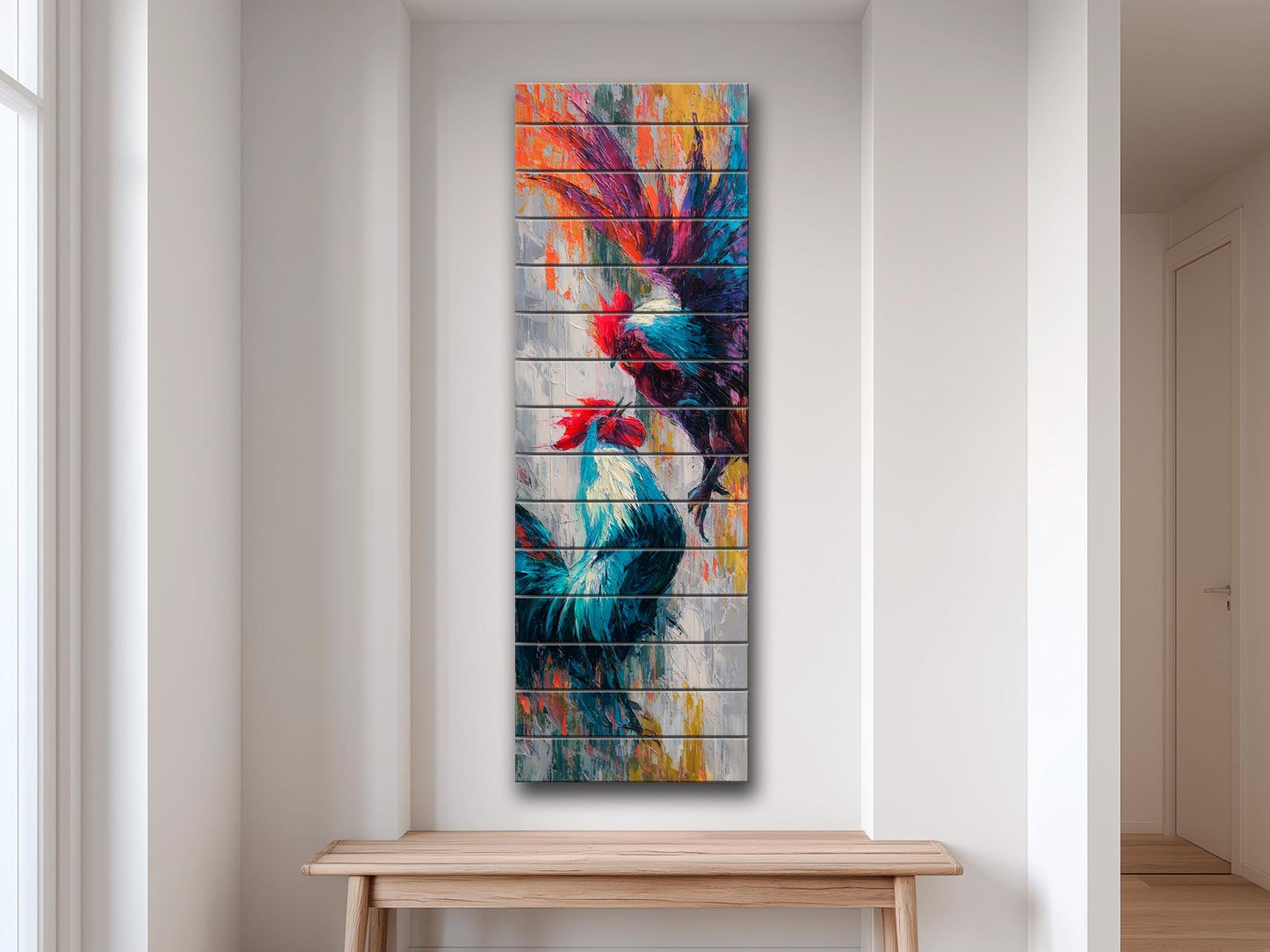 Cockfight Wall Art - Rustic Wood Decor | Vibrant Farm Scene & Bold Impasto Painting