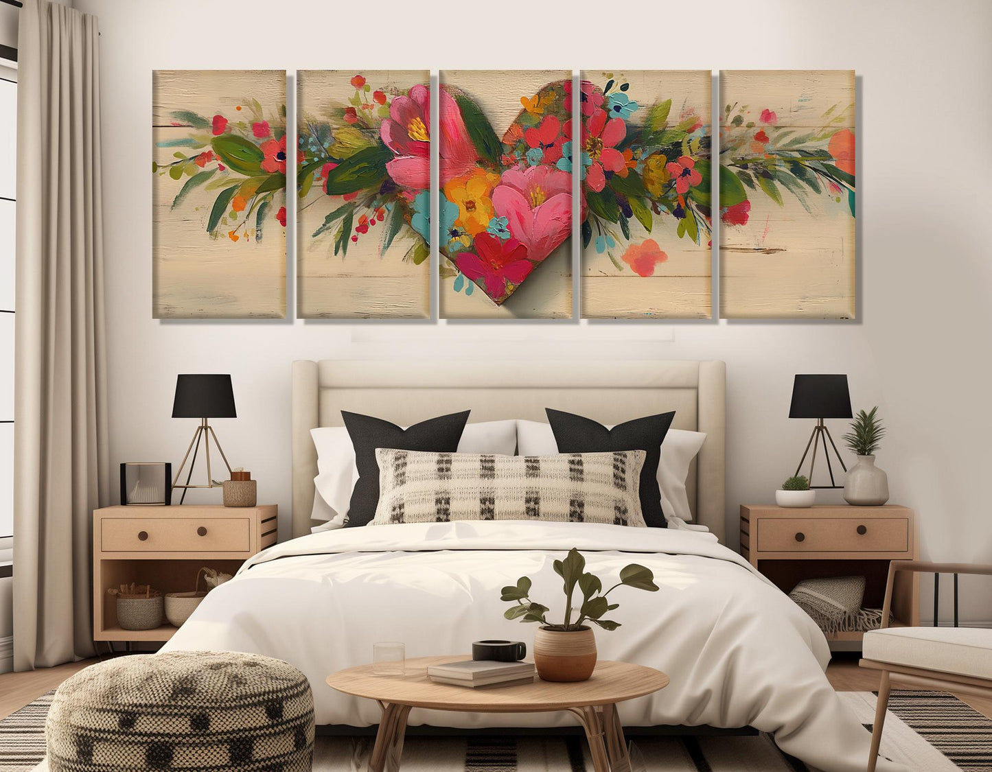 Rustic Floral Heart Canvas - Framed Gallery Wrapped Wall Art, Ready to Hang