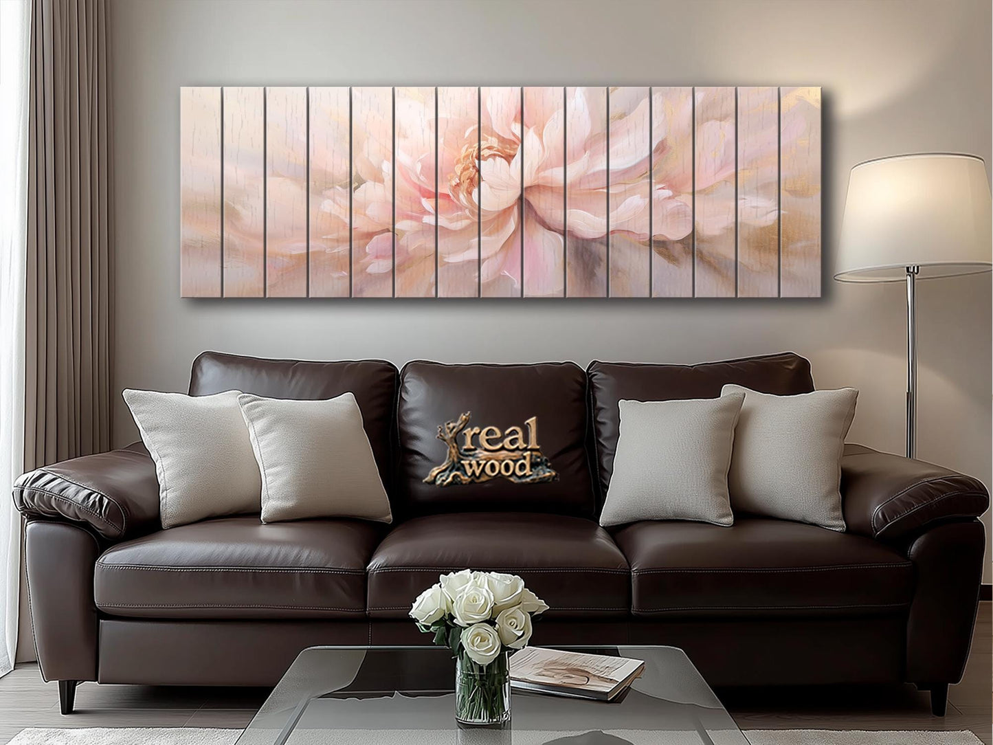 Wood Wall Art – Large Pink Peony Painting | Smooth Linden Wood Floral Decor