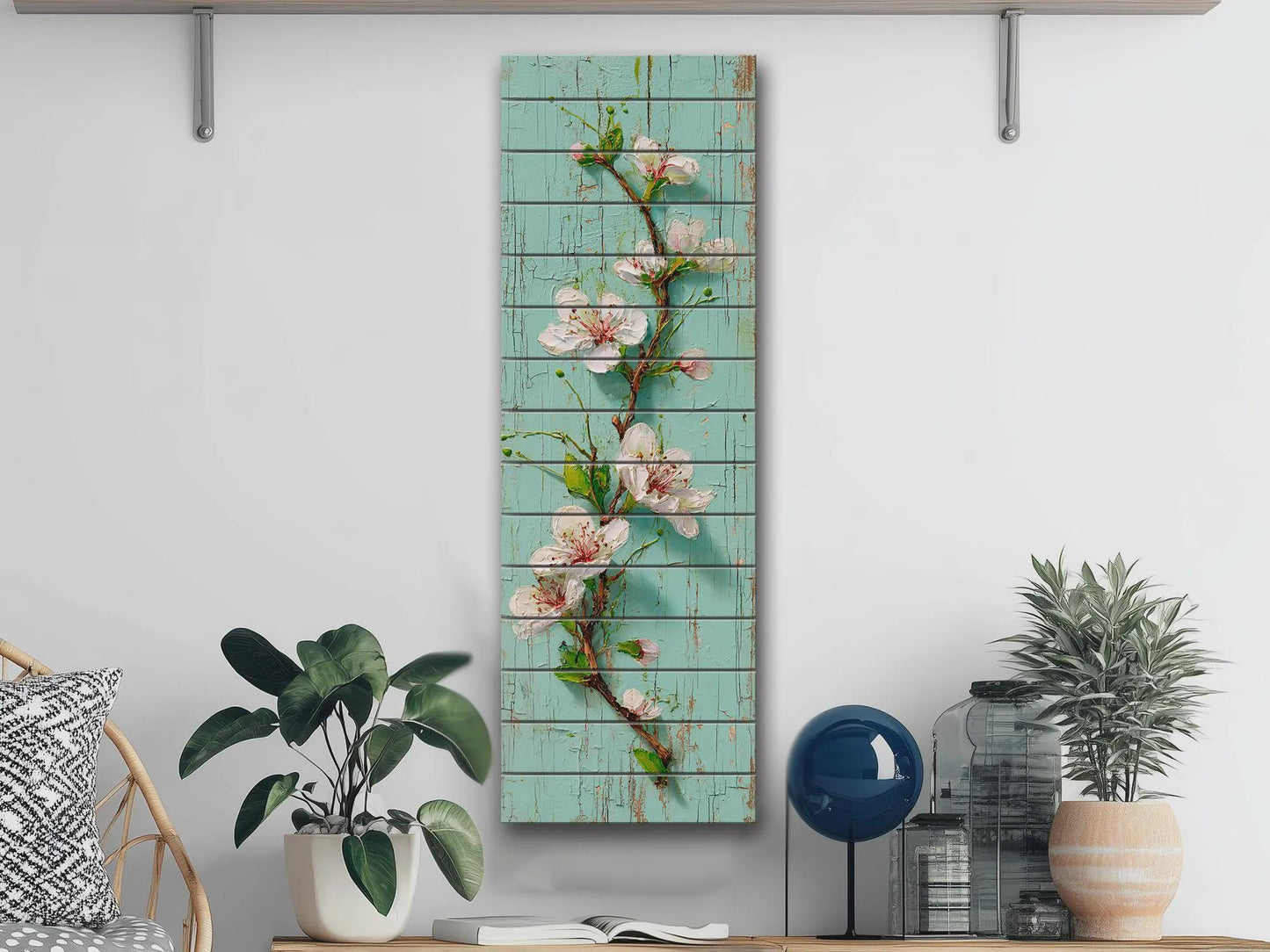 Rustic Cherry Blossom Printed on Woodm, Spring Floral Wooden Wall Art