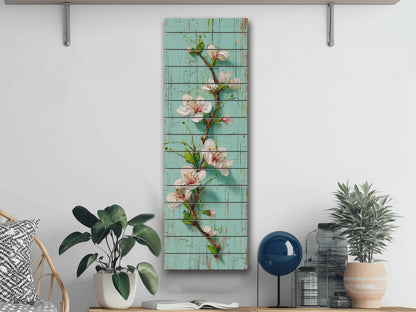 Rustic Cherry Blossom Printed on Woodm, Spring Floral Wooden Wall Art