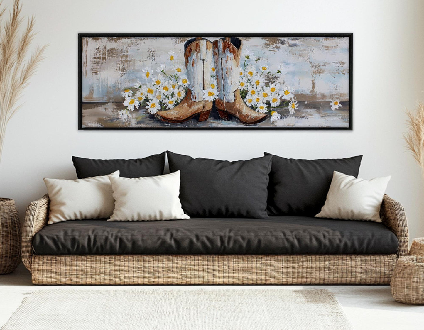 Cowboy Boots Canvas Print – Rustic Western Wall Art with Daisies, Framed & Ready to Hang