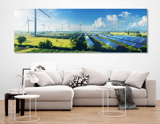 Renewable Energy Wall Art, Windmills and Solar Panels Canvas Print, Renewable Energy Wall Art, Wind Turbines Print, Framed and Ready to Hang