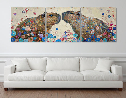 Capybaras Couple Painting - Romantic Wall Art | Framed Canvas Print Ready to Hang