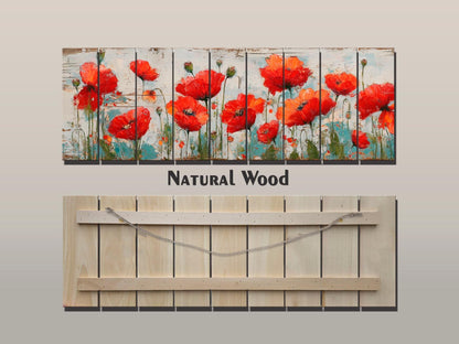 Poppies Wall Art – Natural Wood Wall Art | UV Printed Rustic Floral Wood Decor