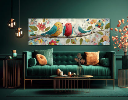 Folk Art Canvas Print – Birds on Floral Branch | Rustic Wall Decor, Ready to Hang