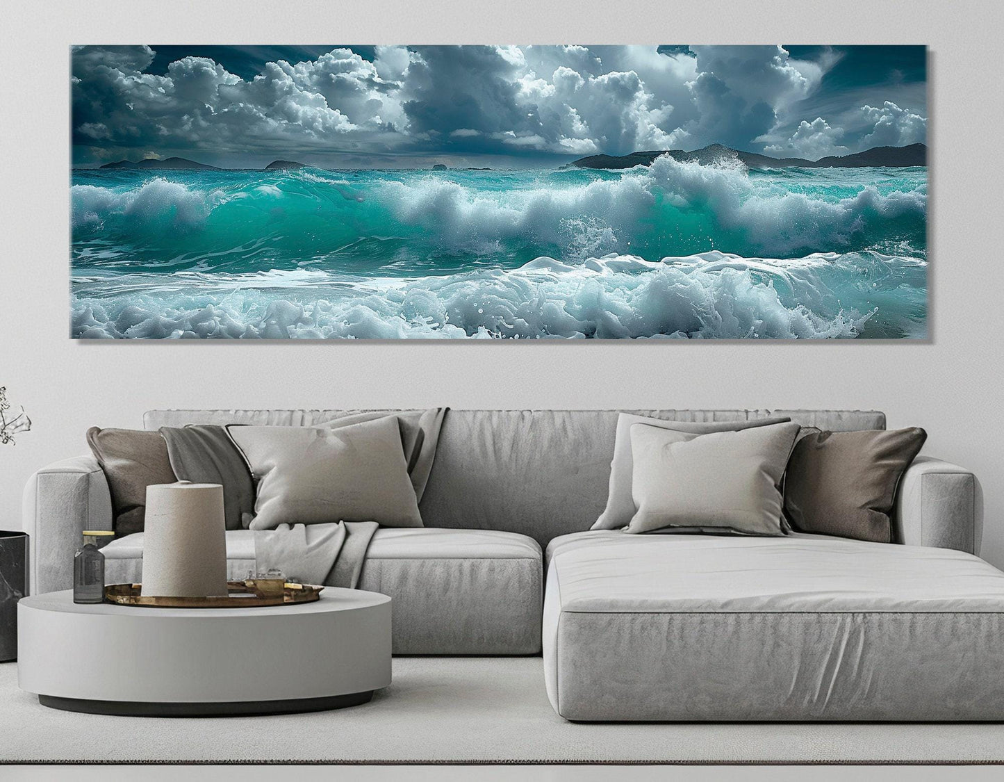 Sea Painting Canvas | Large Ocean Waves Panoramic Wall Art - Ready to Hang