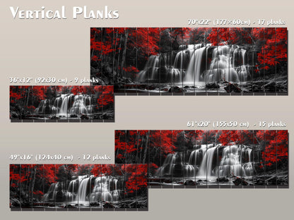 Wood Wall Art – Abstract Black White Waterfall Red Forest Print on Natural Wood