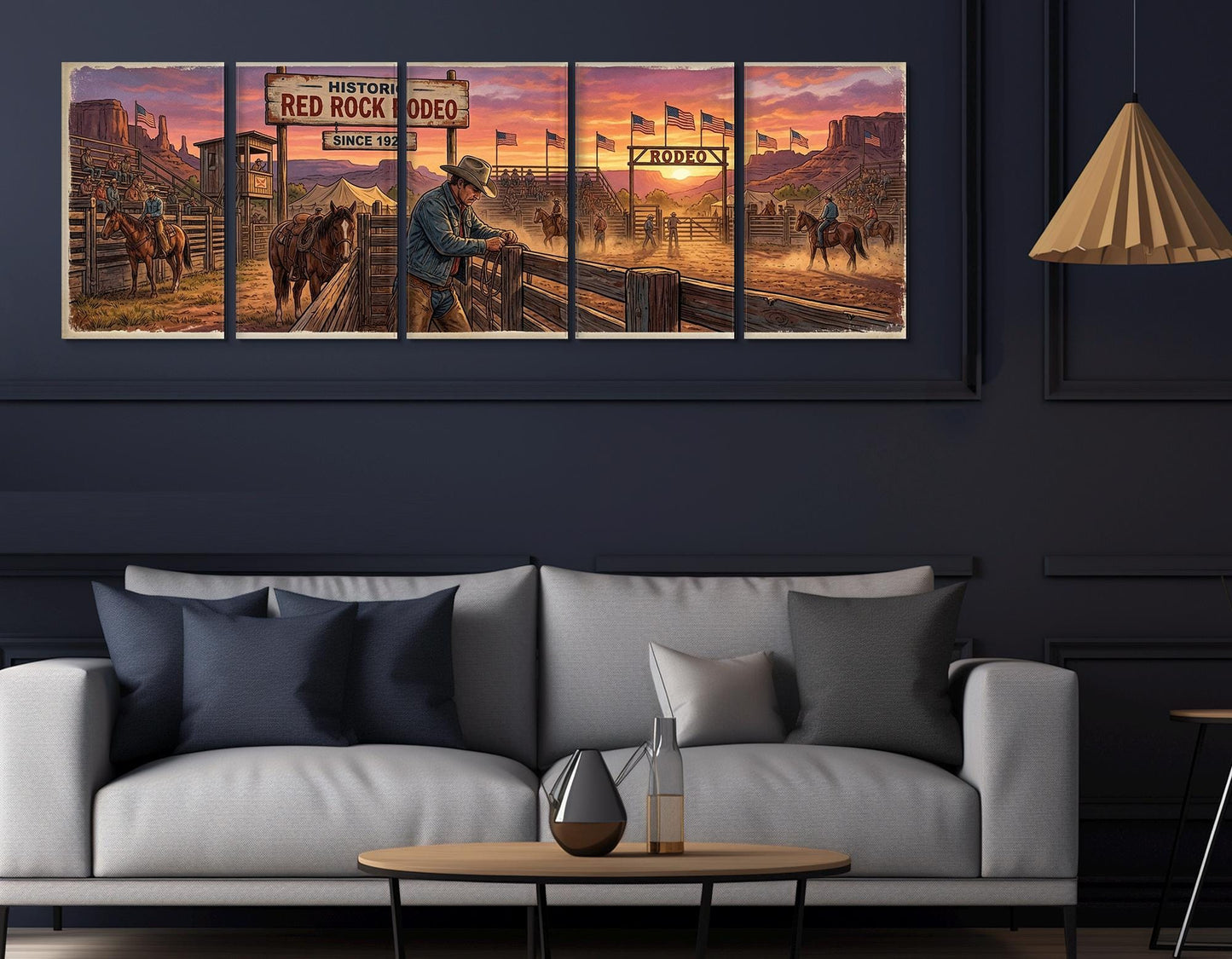 Rodeo Canvas Print, Panoramic Cowboy Arena Painting, Large Western Wall Art, Framed and Ready to Hang