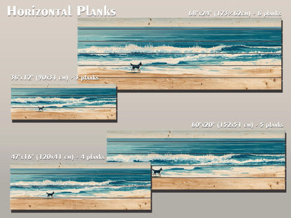 Coastal Beach Wall Art – Running Dog Print on Rustic Wood for Beach House Decor