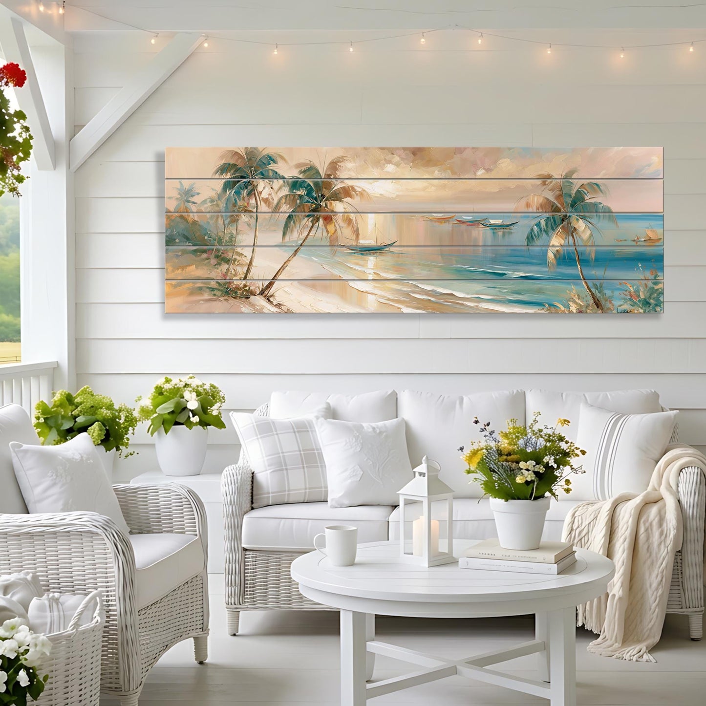 a cozy living room with a large painting of a tropical beach scene hanging on the wall. The painting features palm trees, a sandy beach, and a sunset over the ocean. The room is furnished with a white sofa, wicker chairs, and a coffee table with a vase of flowers. The overall atmosphere of the room is warm and inviting, with the painting serving as a focal point.