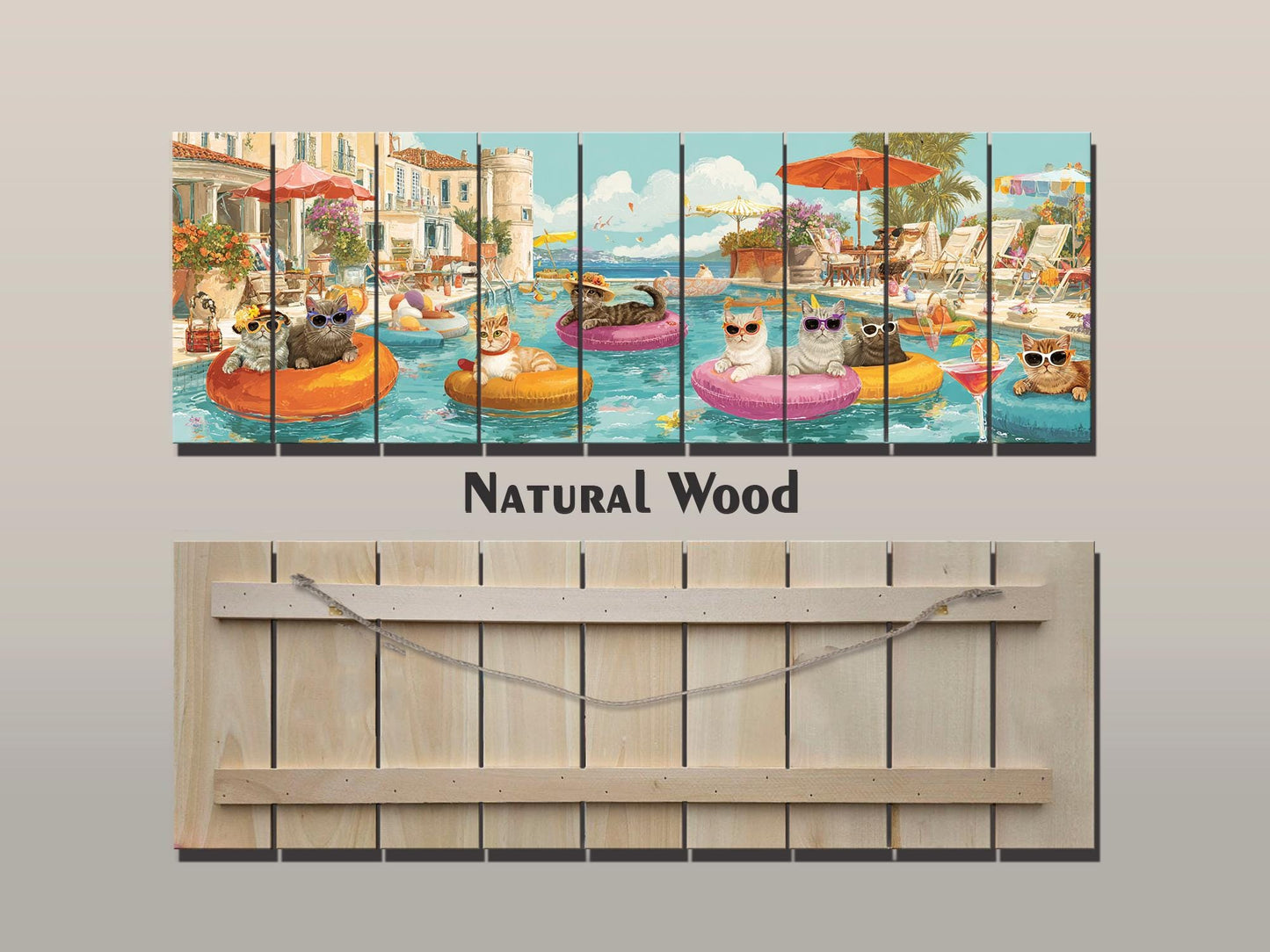 Cat Pool Party Print – Funny Summer Wall Art on Rustic Wood Decor