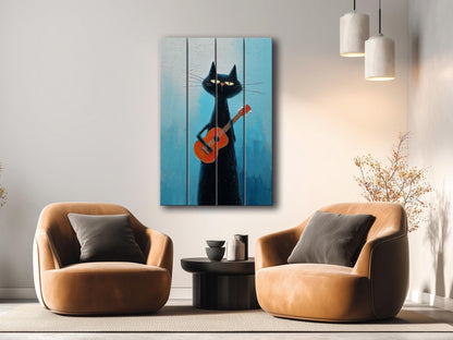 Cat Wood Wall Art – Rustic Siamese Cat Print with Ukulele on Natural Wood