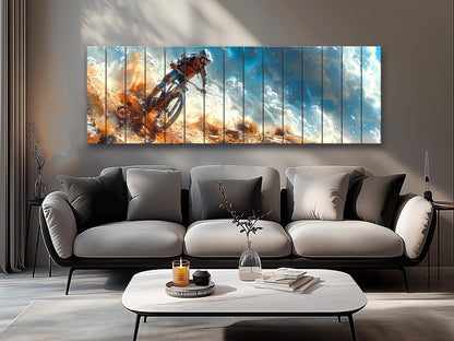 Mountain Biker Wall Art – Rustic Wooden Print on Wood | Outdoor Sports Decor