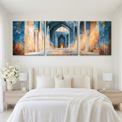 A large, three-panel painting depicting an ornate, colorful archway in a mosque, hanging above a bed with white bedding and pillows.