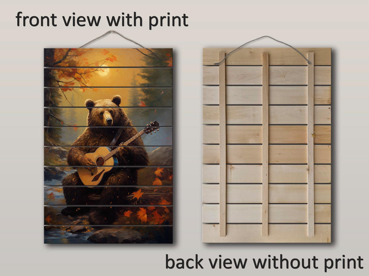 Bear Guitar Wall Art – Rustic Wood Print On Natural Wood Plank Art