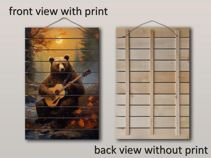 Bear Guitar Wall Art – Rustic Wood Print On Natural Wood Plank Art