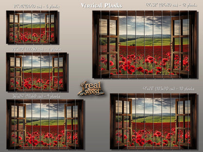 Wood Wall Art – Faux Window Print with Poppy Field Painting | Rustic Farmhouse Decor