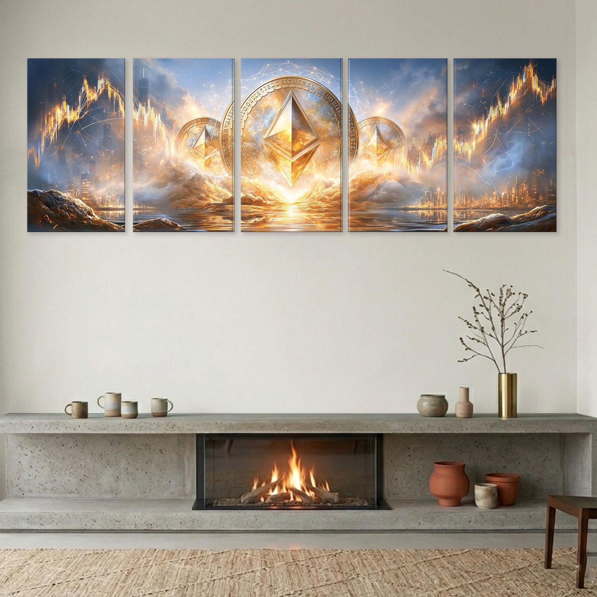 a fireplace with a warm fire burning inside, surrounded by a cozy and inviting atmosphere. Above the fireplace, there is a large, intricate collage of five pictures depicting a fantastical scene with a golden triangle at the center, surrounded by a swirling pattern of flames and clouds. The collage is displayed on a wall above the fireplace, creating a striking visual focal point in the room.