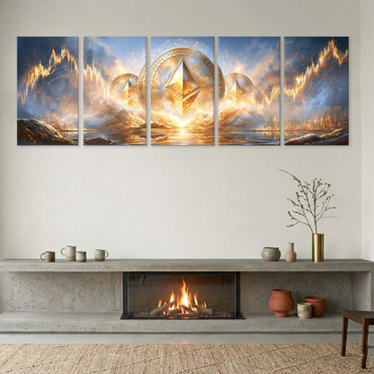 a fireplace with a warm fire burning inside, surrounded by a cozy and inviting atmosphere. Above the fireplace, there is a large, intricate collage of five pictures depicting a fantastical scene with a golden triangle at the center, surrounded by a swirling pattern of flames and clouds. The collage is displayed on a wall above the fireplace, creating a striking visual focal point in the room.