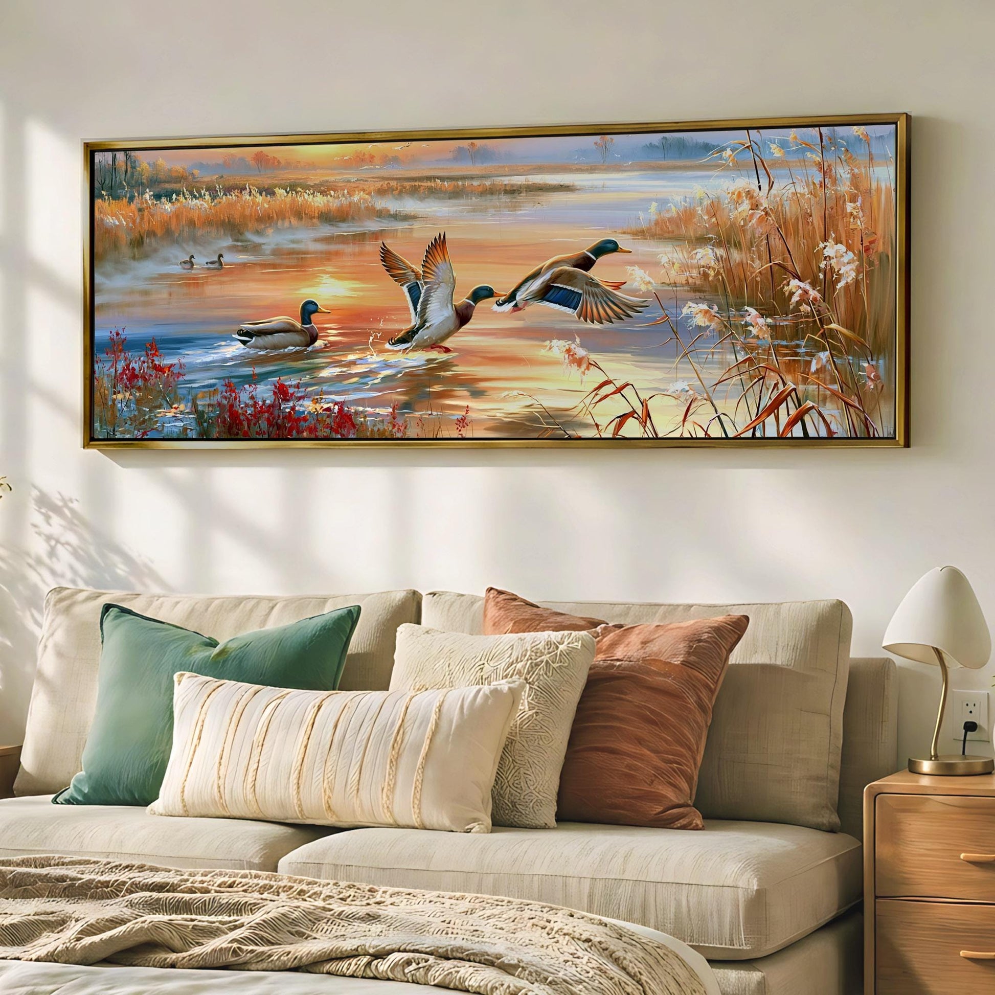 a large painting of ducks flying over a body of water, with a warm, colorful sunset in the background.