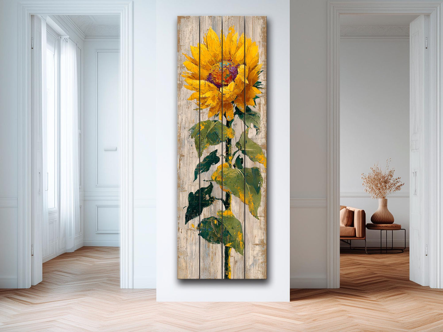 Rustic Sunflower Wall Art – Handcrafted Wood Wall Decor with Vertical Planks