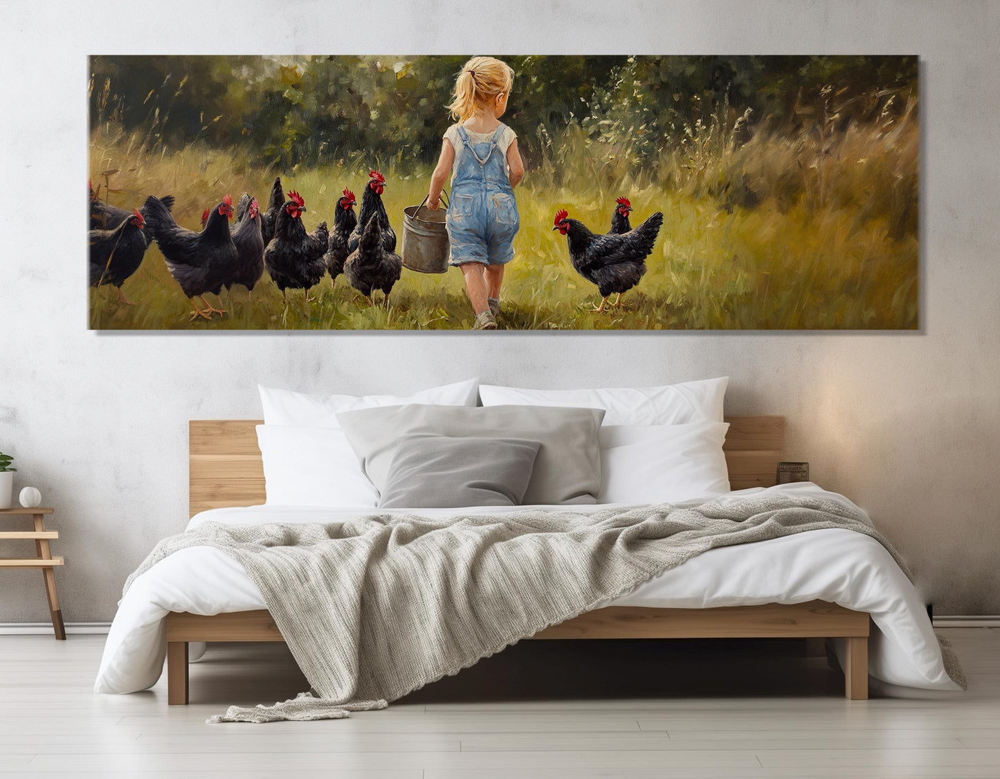 Farmhouse Wall Decor – Girl Feeding Chicken Rustic Wall Art Canvas Print, Ready to Hang
