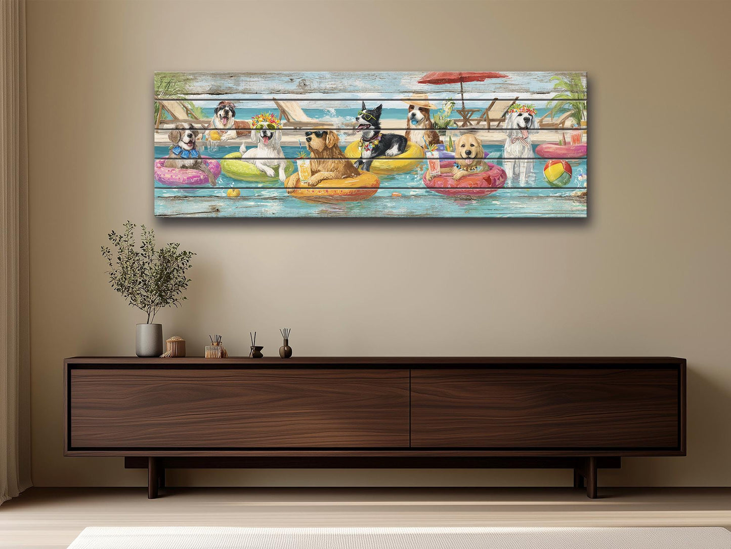 Dog Pool Wall Art – Funny Dog Painting On Rustic Wood For Summer Pool Party