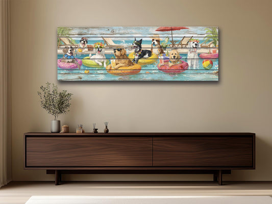 Dog Pool Wall Art – Funny Dog Painting On Rustic Wood For Summer Pool Party
