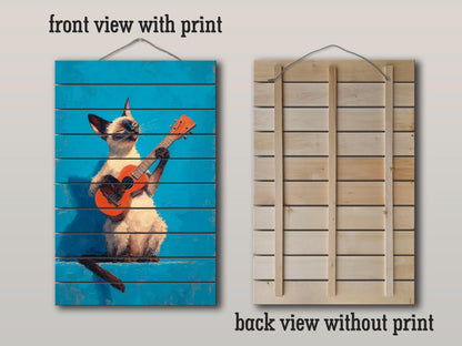Siamese Cat Wall Art – Wood Wall Art Print of Guitar Playing Cat on Natural Wood